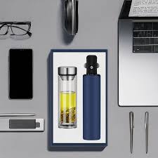 Executive Blue Umbrella & Glass Bottle Set