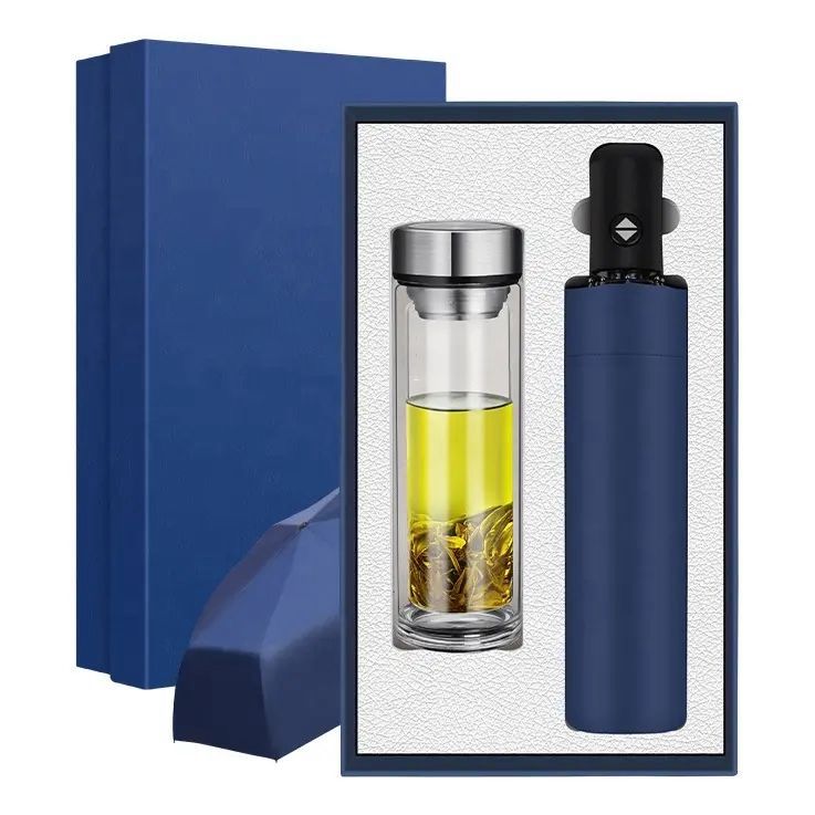 Executive Blue Umbrella & Glass Bottle Set