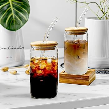 Glass Jar with Wooden Lid & Straw