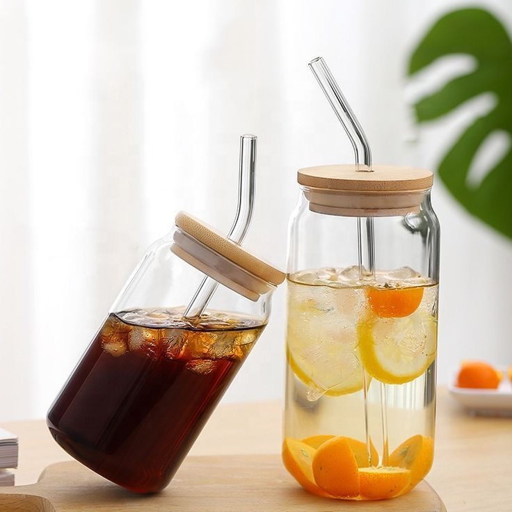 Glass Jar with Wooden Lid & Straw