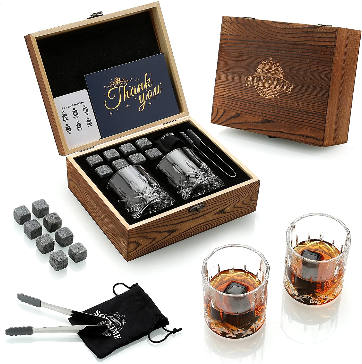 Whiskey Glass Gift Set with 8pc square cool stones