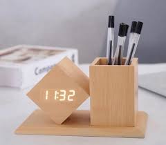 Wooden penholder with digital clock