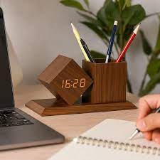Wooden penholder with digital clock