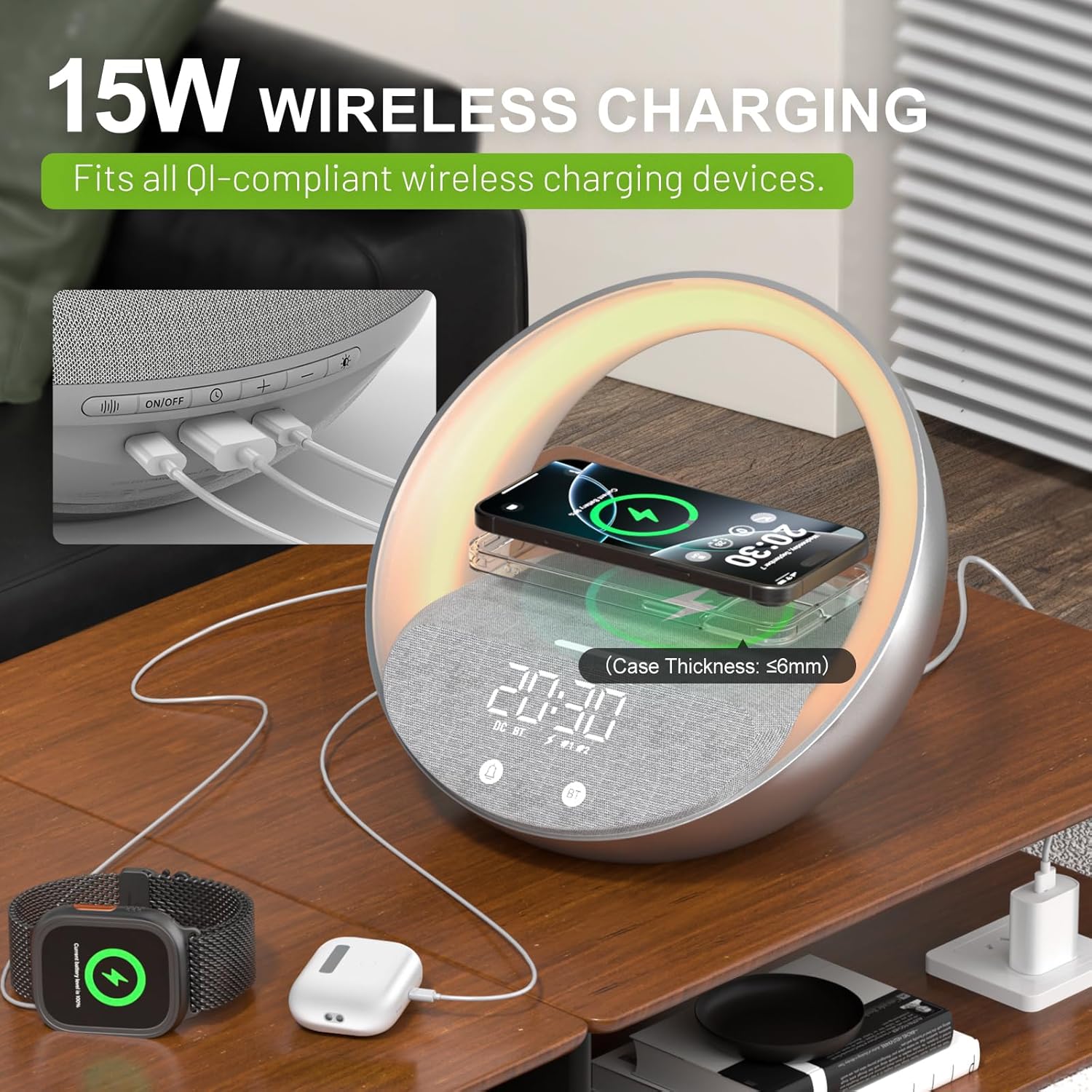 Wireless Charger / Digital Clock Bedside Lamp/Bluetooth Speaker/FM