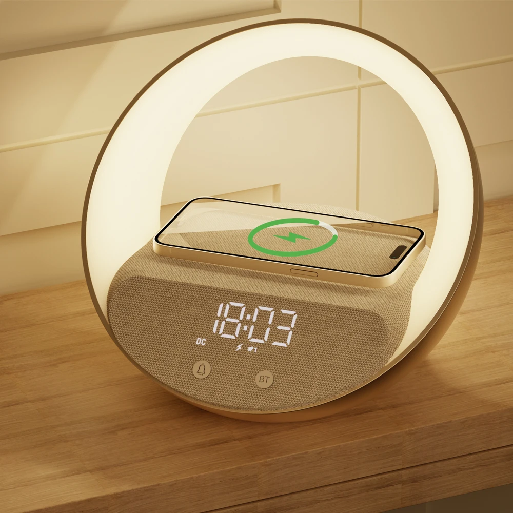 Wireless Charger / Digital Clock Bedside Lamp/Bluetooth Speaker/FM
