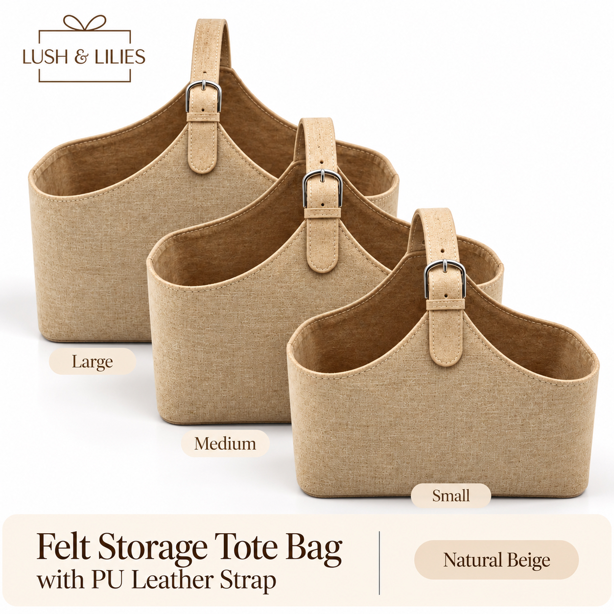 Felt Storage Tote Bag with PU Leather Strap (Beige