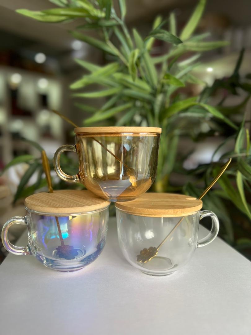 Glass Mug With Wooden Coaster & Spoon