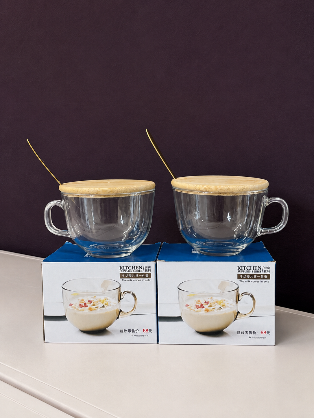Glass Mug With Wooden Coaster & Spoon