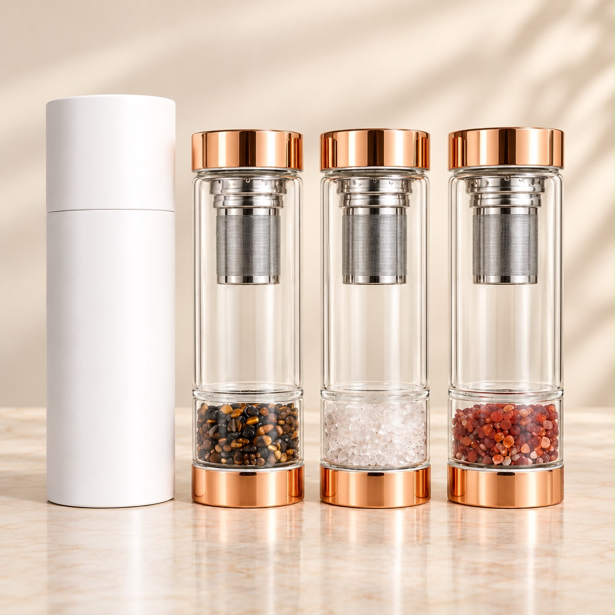 Gemstone Crystal Glass Water Bottle With Tea Infuser